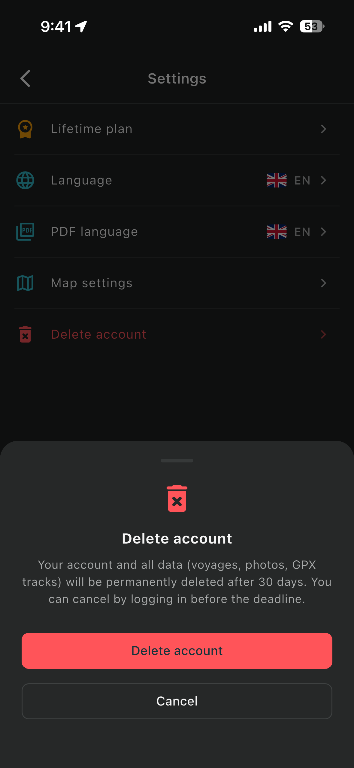 Delete account screen